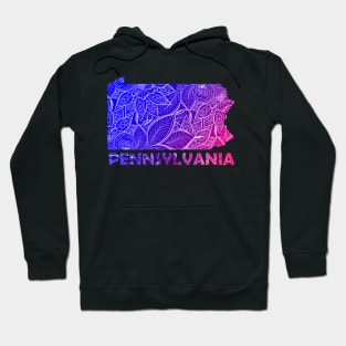 Colorful mandala art map of Pennsylvania with text in blue and violet Hoodie